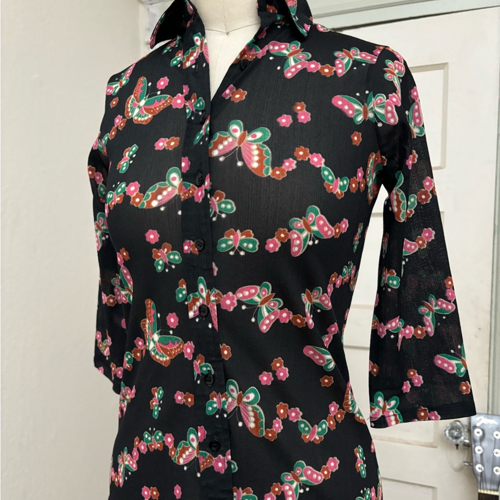 Vintage 90s Crepe Neon Butterfly Button Down Top Size XS/S